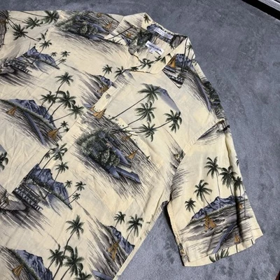 Vintage PIERRE CARDIN Beige RAYON Hawaiian Shirt Mens Sailing Palm Tree Size S - Image 1 of 4