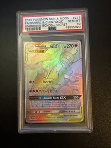 2019 POKEMON SUN & MOON UNBROKEN BONDS FULL ART/RESHIRAM & CHARIZARD GX PSA 10 - Picture 1 of 2