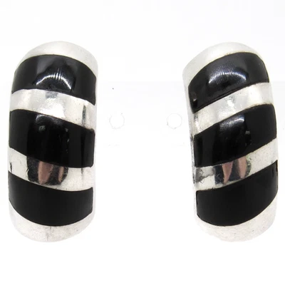 PENDIENTES HINCHADOS DE ÓNIX NEGRO MEDIO ARO TAXCO MÉXICO PLATA ESTERLINA .925 VINTAGE Foto 1 de 4