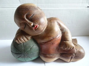 Vintage Large Hand Carved Wooden Boy Figurine Sleeping On Ball - Picture 1 of 6