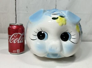 RARE VINTAGE JOLLY PIGGY BANK X-LARGE CERAMIC BLUE YELLOW MCM MID CENTURY-EUC - Picture 1 of 12