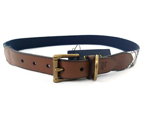 POLO Ralph Lauren Navy Blue Green Plaid Logo Leather Trim Belt Size 34 NWT