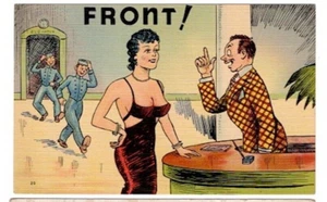 1930's/40's Comic  Postcard. Front!  Buxom Woman at Check-In Desk. - Picture 1 of 1