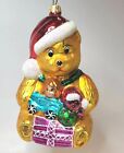 Vtg Radko Teddy Bear Santa Blown Glass Ornament Sugared Accents Gifts Horn 5" 