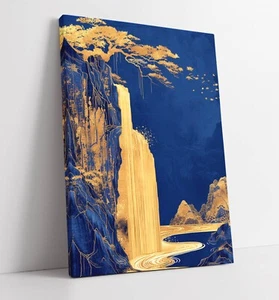 KLEIN BLUE WITH GOLDEN WATERFALL -FRAMED CANVAS WALL ART PICTURE PRINT - Picture 1 of 2