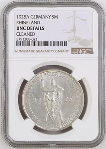 1925-A, Germany (Weimar). Silver 5 Mark "Rhineland Anniversary" Coin. NGC UNC+ - Picture 1 of 2