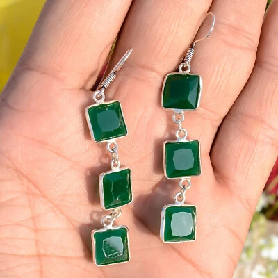 Gemma onice verde argento sterling 925 pendente e goccia orecchino funzione g... - Immagine 1 di 4