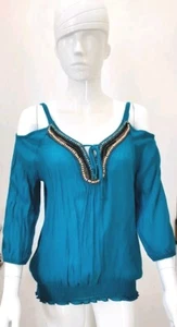 IZ Byer Top Women's Cold Shoulder Beaded V- Neckline Turquoise Sz XL NWOT - Picture 1 of 14