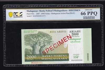 2007 2000 Ariary Madagascar Bank Foiben'I SPECIMEN Pick#93s PCGS 66 PPQ (000) - Image 1 of 2