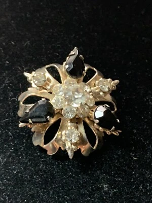 Vintage Pin Black and White Diamond Rhinestones Gold Tone Flower Bud Look - Image 1 of 4