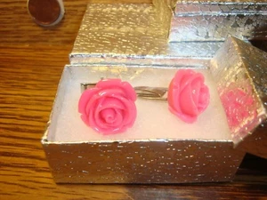#2 Dark PINK Rose Flower Design Hamilton Silver Plated Cuff links W/Gift Box - Picture 1 of 3