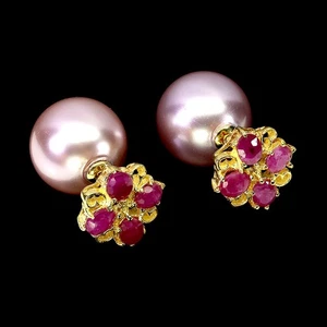 925 Sterling Silver Earrings Oval Ruby 5x4mm Pearl Natural Gemstone Jewelry - Picture 1 of 13