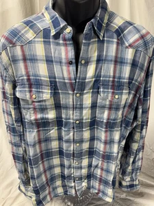 Camisa LUCKY BRAND Para Hombres L Verdadero Indigo Franela Cuadros Perla A Presión Atlética Occidental - Imagen 1 de 8
