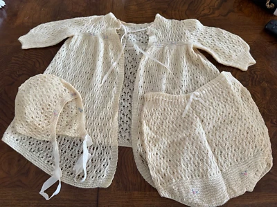 Vintage Baby Coat Cap/ Hat Panties Outfit Wool Knit Roses Satin Ribbon Handmade - Image 1 of 4
