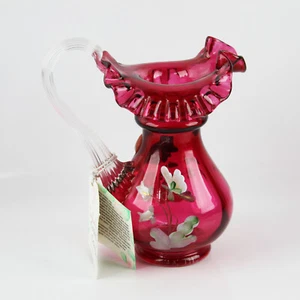 90s FENTON COUNTRY CRANBERRY PANSY PITCHER BLOWN ART GLASS SIGNED 6" - Picture 1 of 4