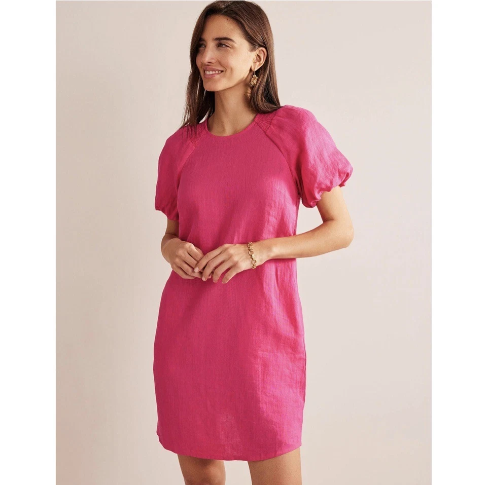 Boden Sleeve Detail Linen Mini Dress Pink 8 D0696-PIN