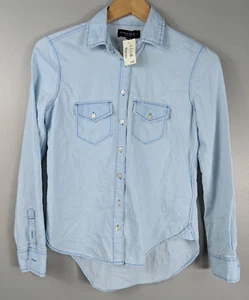 Nuova con etichette: camicia donna Aeropostale denim lavato con bottoni, taglia X-Small, prezzo al pubblico consigliato $54 - Foto 1 di 12