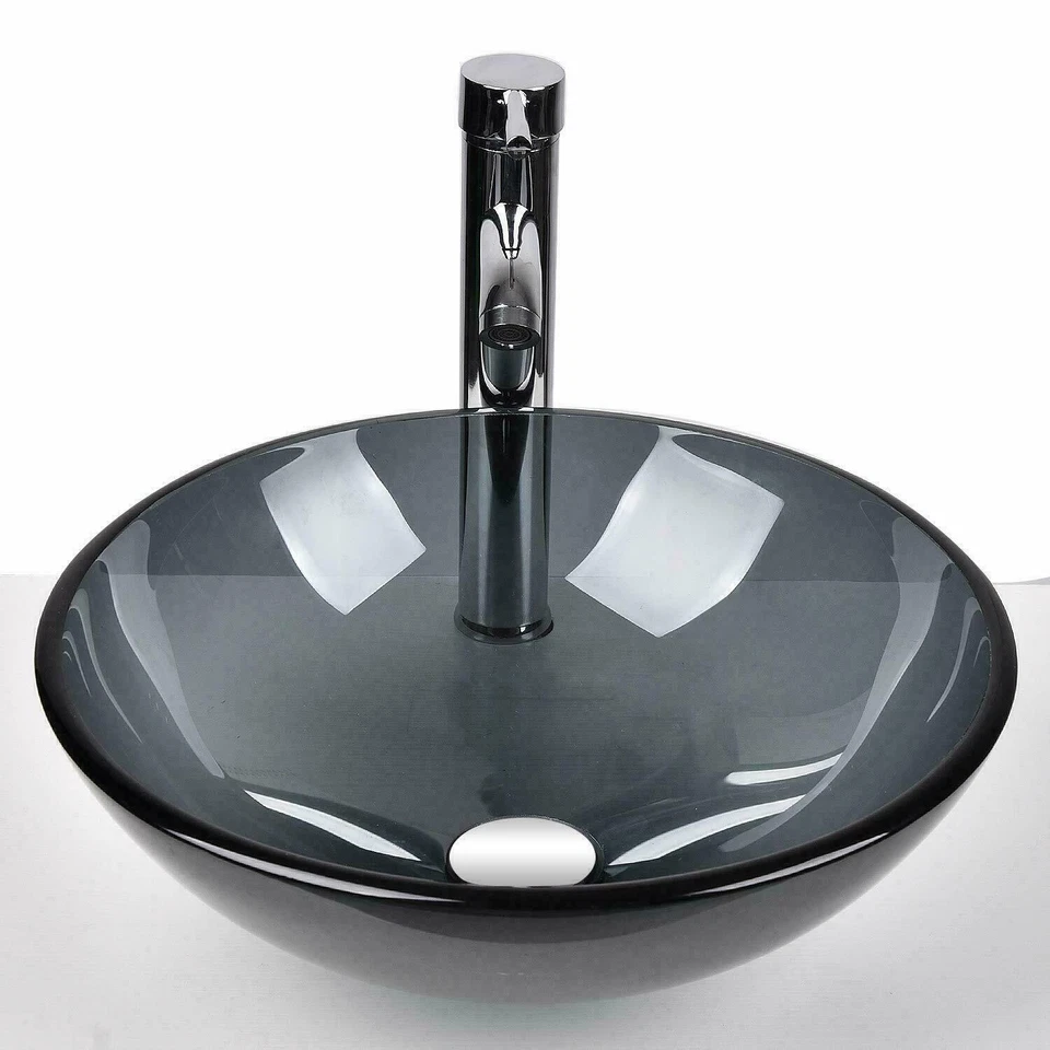 LORIXON Bathroom Gray Transparent Glass Vessel Basin Bowl Sink Chrome Faucet Pop up Set