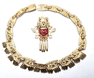 Vintage Necklace pendant-Pin Salvador Teran Taxco Mexico 1950-60's Aztec Gilded - Picture 1 of 9