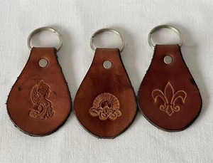 3 x Brown Leather Keyrings With Different Embossed Stamped Designs #MM7 - Picture 1 of 6