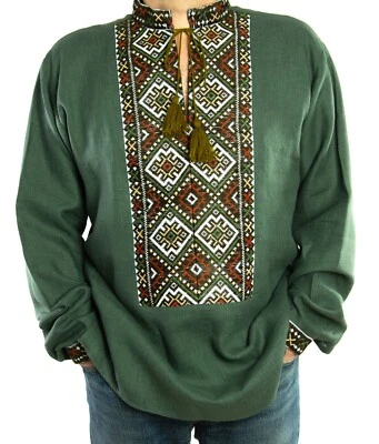 Military VYSHYVANKA Mens Ukraine han Embroidery LINEN olive brown Satin stitch L - Image 1 of 4