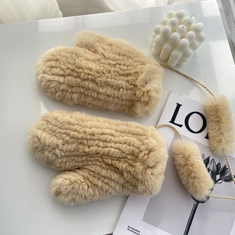 Women's Real Rabbit Fur Gloves Full Mitten W String Knitted Warm Wrist Mittens - Imagem 1 de 4