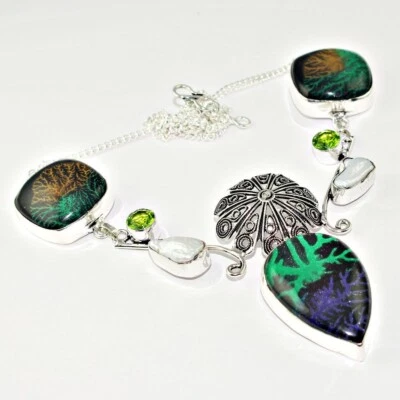 Collar Colgante 20" Vidrio Dicroico, Perla Biwa, Peridoto y Cúpula de Filigrana Foto 1 de 2