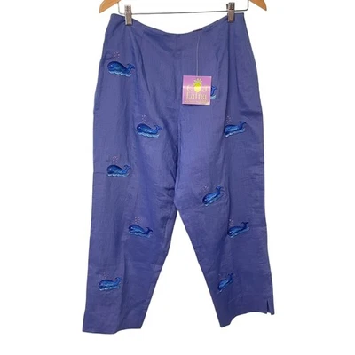 CJ Laing Purple Linen Pants Whale Novelty Print Embroidery Size 12 NWT - Image 1 of 4