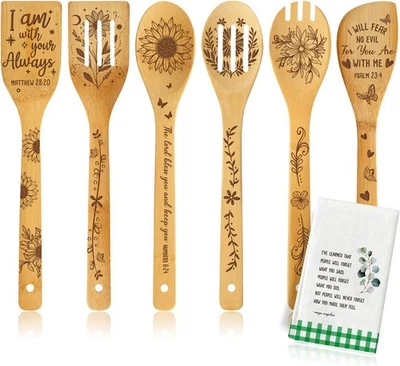 Juego de 6 cucharas de bambú religiosas con versículo bíblico cristiano fe para  Foto 1 de 4
