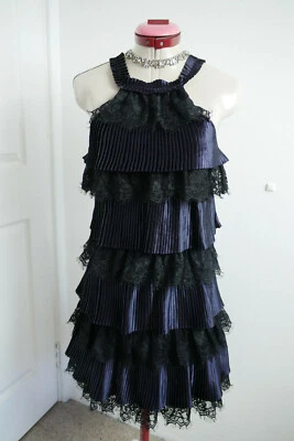 OUT WITH EVIE Blue Black DRESS Size Aus 8 Frill Lace Tiers Cocktail Party Retro - Image 1 of 4