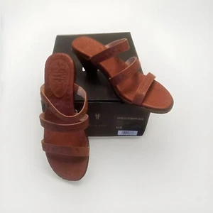 Frye Estelle Leather Strappy Stack Heeled Y2K Boho Slide Sandals Cognac NIB 9.5 - Picture 1 of 11