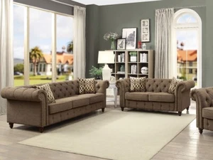 NEW SPECIAL - Traditional Living Room Tufted Brown Fabric Sofa Loveseat Set IGB0 - Picture 1 of 3