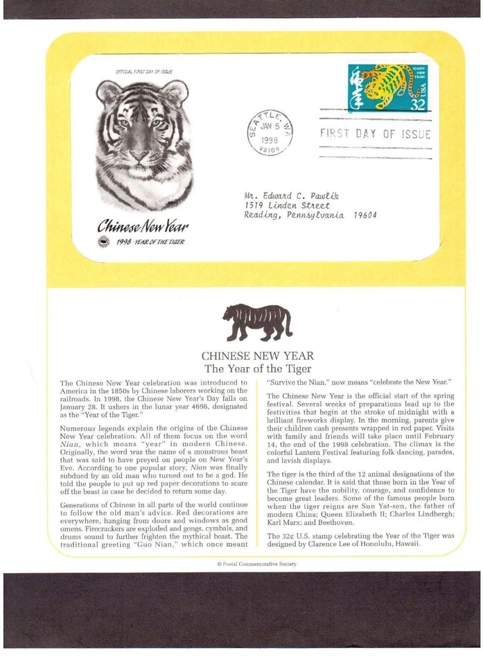 Postal Society First Day Cover FDC Stamp # 3179 Chinese Year Tiger 32 cent 1998 - Image 1 of 1