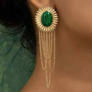 18K Gold Plated Exaggerated Large Green Oval Flower Long Tassel Stud Earrings - Picture 1 of 6