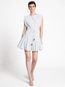 Aakaa Size L Dress Cotton Blend Shoulder Pads Drawstring Waist Striped Tassels - Picture 1 of 11