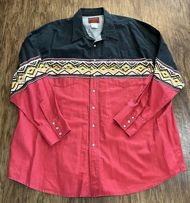 Vintage Rustler By Wrangler Shirt Men’s 2XL Pearl Snap Aztec SouthWestern Red - Image 1 of 4