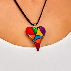 Women Mosaic Glass Heart Pendant Necklace Large Puffy Chunky Heart Necklace - Picture 1 of 5