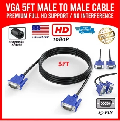 5ft SUPER VGA Monitor 15PIN M/M Male To Male Cable CORD FOR PC TV HDTV Blue Us - Image 1 of 4