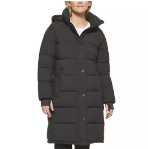 DKNY Women's Long Puffer Quilted Zip Coat Hooded Parka Winter Black Jacket 2XL - Picture 1 of 6