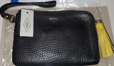 Fossil Black Pebble Leather Tara Wristlet with Yellow Tassel NWT Classic - Image 1 of 4