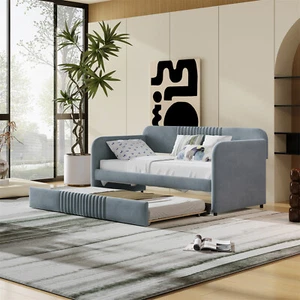 Twin Size Daybed w/ Trundle Upholstered Bed Frame Sofa Bed Beige/Blue/Gray - Picture 1 of 60