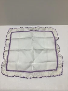 Vintage Ladies Hanky white w/ purple trim delicate crocheted lace floral ruffle - Picture 1 of 4
