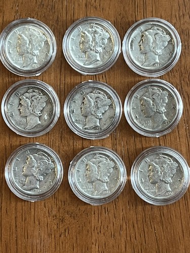 Lot Of 9 Silver Mercury Dimes In Capsules, Very Fine Mixed Full Dates, Brilliant