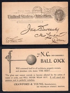 USA Boston 1896 Flag on BALL COCK, Plumbing ILLUSTRATED Advertising Postal Card - Picture 1 of 3