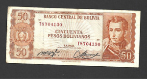 50 PESOS BOLIVIANOS  FINE  BANKNOTE FROM  BOLIVIA 1962  PICK-162