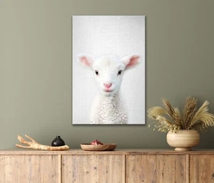 Cute White Lamb Poses in Front of a Wall 40x60cm Canvas or Metal Print Wall Art - Bild 1 von 4