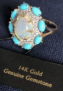 Hirajule Solid 14k Yellow Gold Natural Opal, Turquoise and Zircon Cluster Ring - Picture 1 of 9