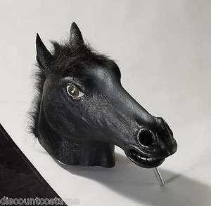 DELUXE BLACK HORSE w/HAIRY MANE ADULT LATEX OVERHEAD ANIMAL MASK-BLACK STALLION - Picture 1 of 1