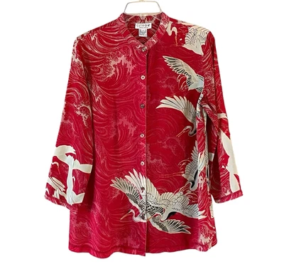 Blusa túnica CITRON SANTA MONICA talla mediana roja grulla seda abotonada manga 3/4 Foto 1 de 4