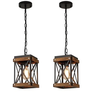 Paquete de 2 lámparas colgantes rústicas de madera de granja cadena ajustable de una luz... - Imagen 1 de 7